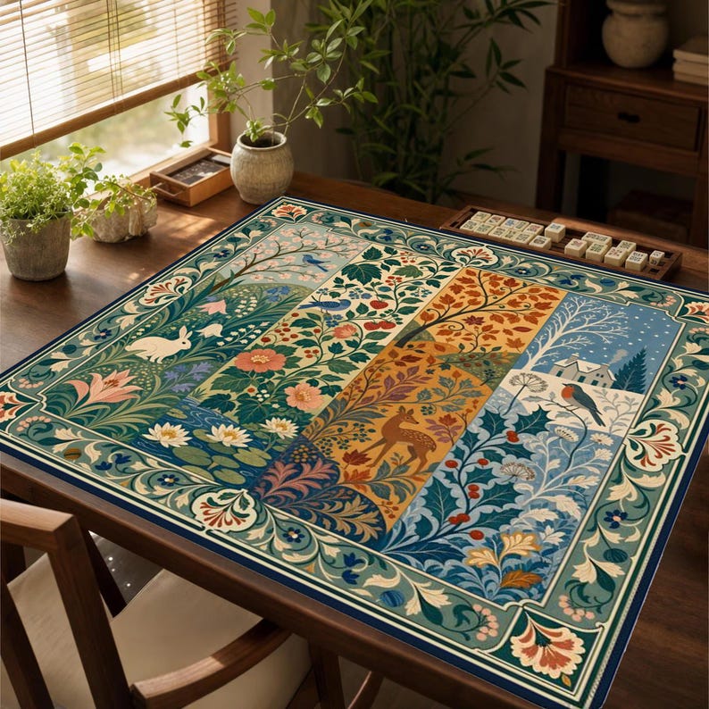 William Morris Inspired Seasons Mahjong Mat, Non-Slip Noise Reducing Table Cover, Botanical Floral Game Table Mat
