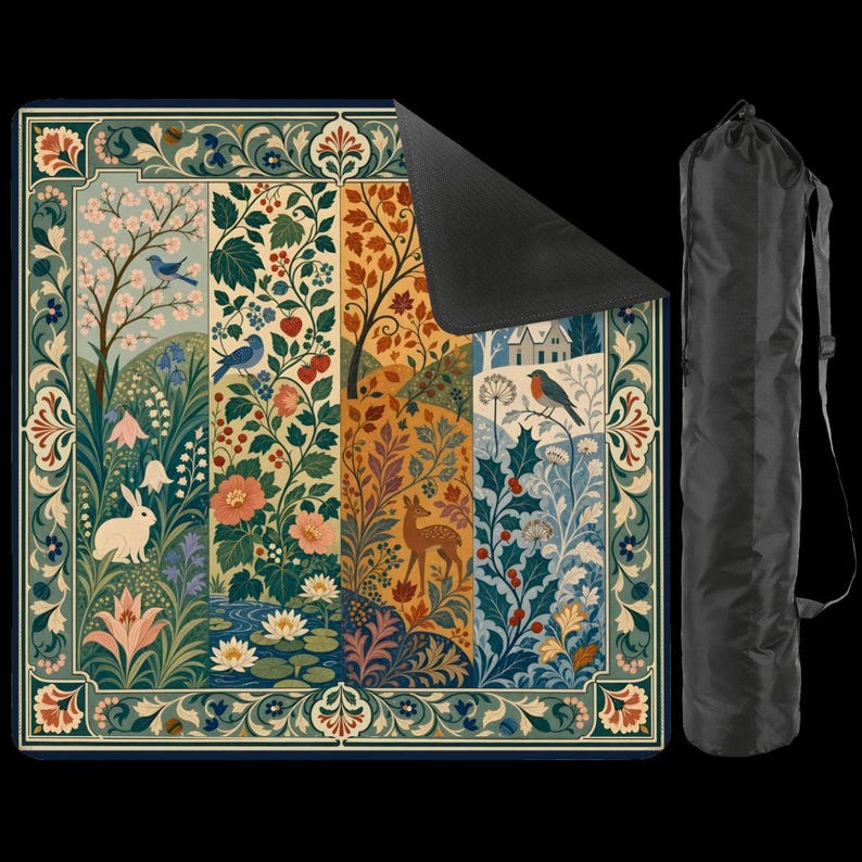 William Morris Inspired Seasons Mahjong Mat, Non-Slip Noise Reducing Table Cover, Botanical Floral Game Table Mat