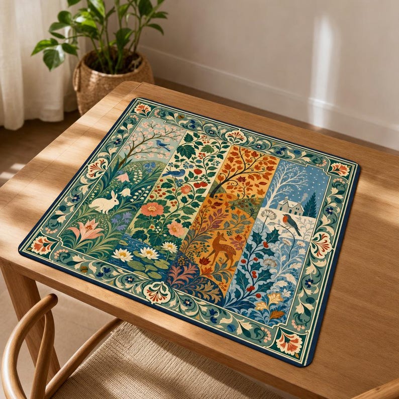 William Morris Inspired Seasons Mahjong Mat, Non-Slip Noise Reducing Table Cover, Botanical Floral Game Table Mat
