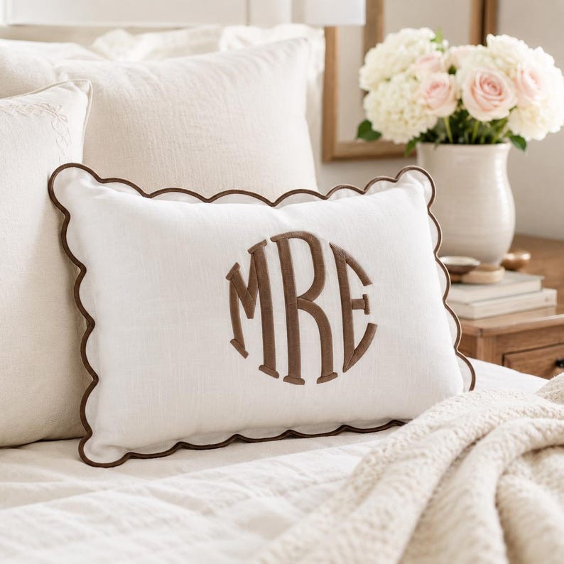 Custom Monogram Pillow Scalloped Edge Linen Embroidered Cushion
