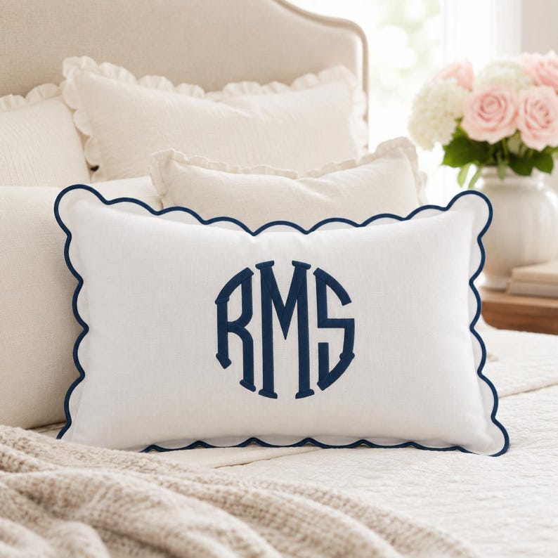 Custom Monogram Pillow Scalloped Edge Linen Embroidered Cushion