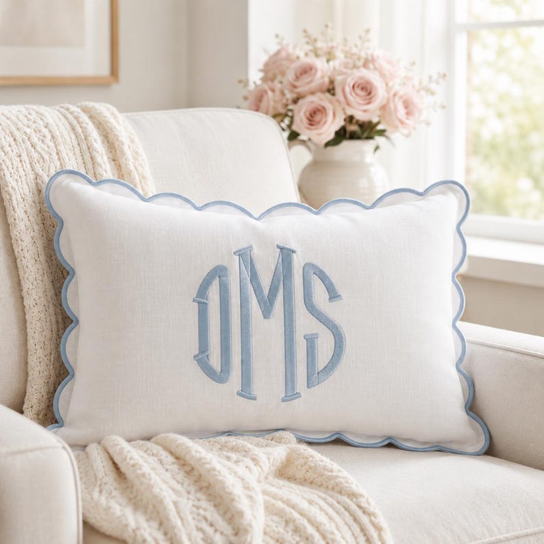 Custom Monogram Pillow Scalloped Edge Linen Embroidered Cushion