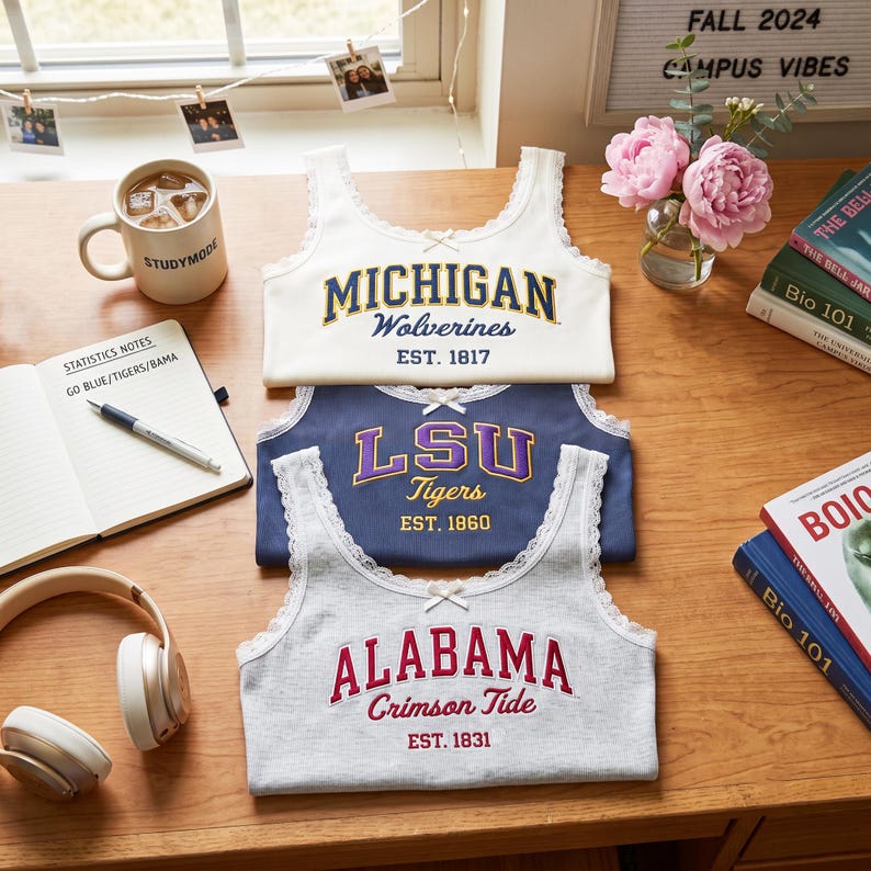 Embroidered Custom Lace Tank Top, Sport Teams Shirt, Game Day Ribbed Cami, Ironic Game Day Shirt, Retro College Mascot Top