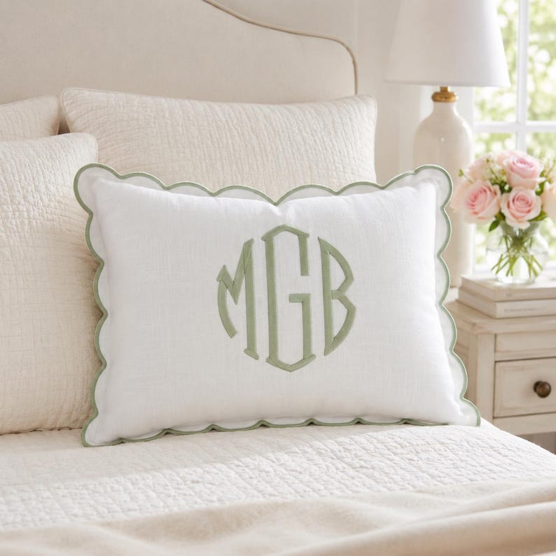 Custom Monogram Pillow Scalloped Edge Linen Embroidered Cushion