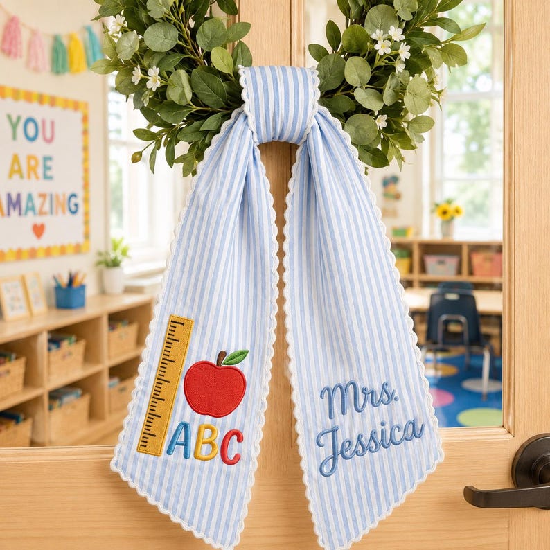 Personalized Teacher Wreath Sash Yellow Gingham Embroidered Classroom Door Decor, Back To School Gift