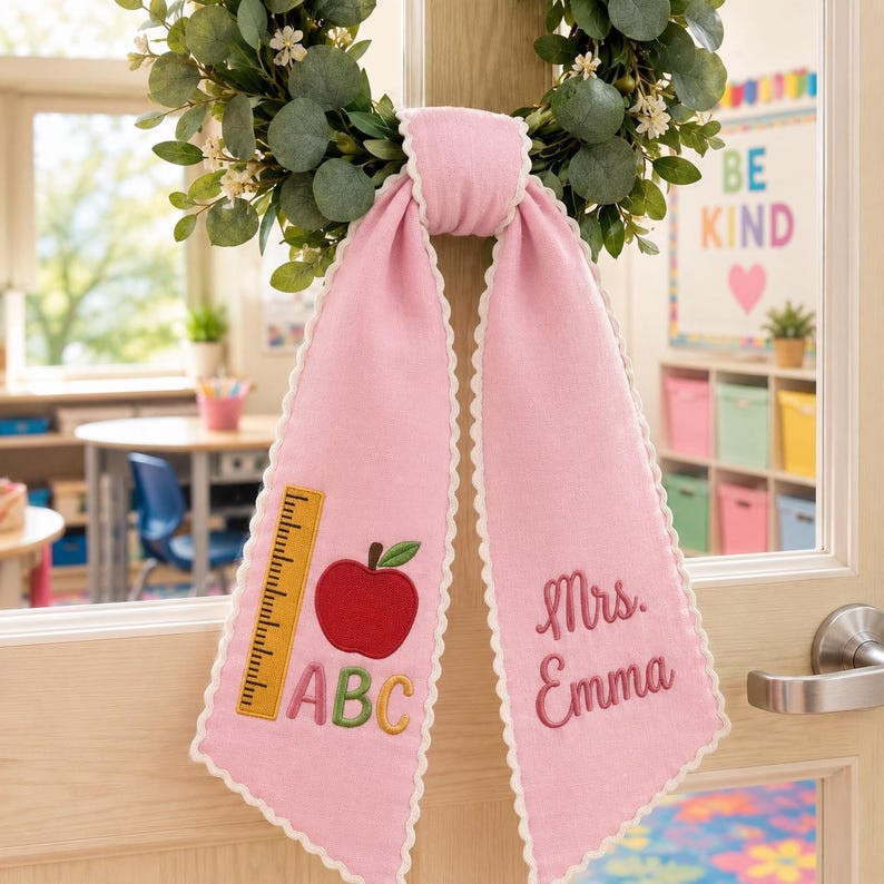 Personalized Teacher Wreath Sash Yellow Gingham Embroidered Classroom Door Decor, Back To School Gift