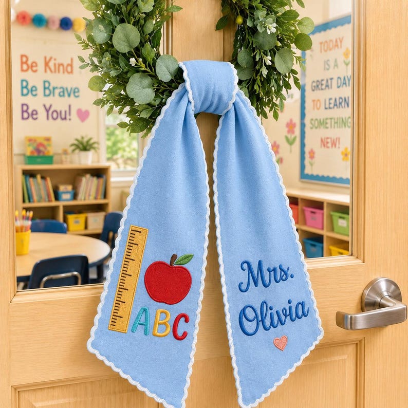 Personalized Teacher Wreath Sash Yellow Gingham Embroidered Classroom Door Decor, Back To School Gift