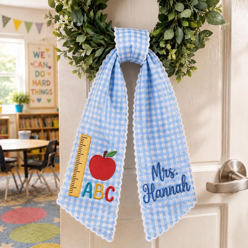 Personalized Teacher Wreath Sash Yellow Gingham Embroidered Classroom Door Decor, Back To School Gift