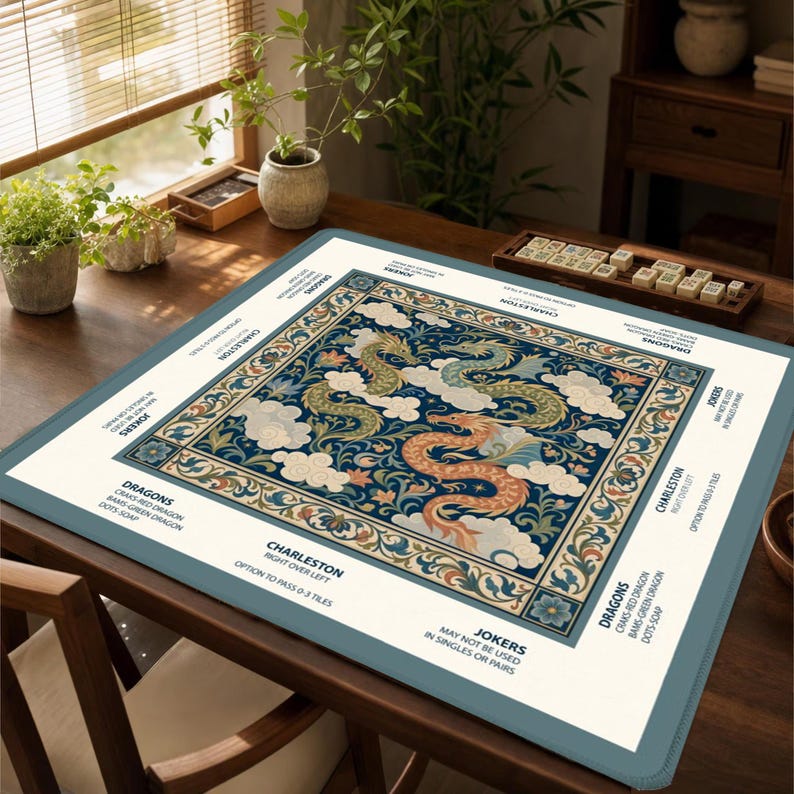 The Three Dragons Mahjong Mat, William Morris Style American Mahjong Reference Game Mat