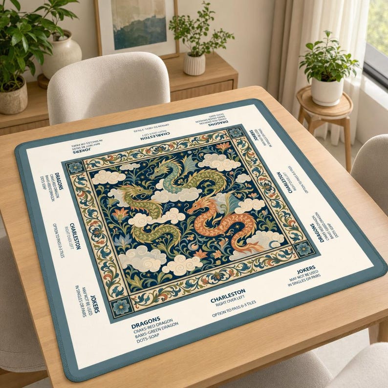 The Three Dragons Mahjong Mat, William Morris Style American Mahjong Reference Game Mat