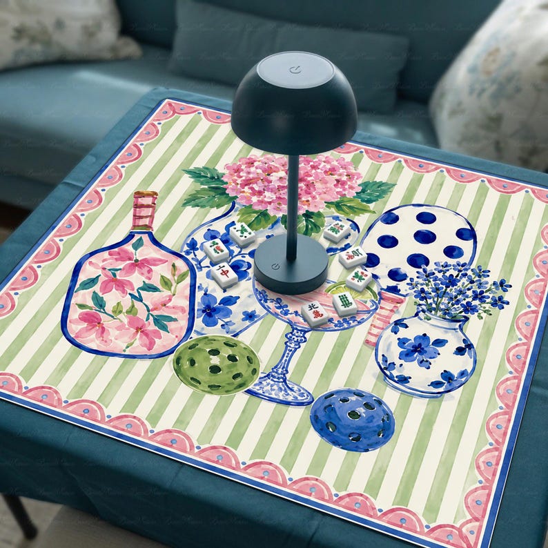 Mahjong Pickleball Game Mat, Maximalist Chinoiserie Mahjong Table Mat, Summer Mah jongg Gift, Non Slip Table Cover
