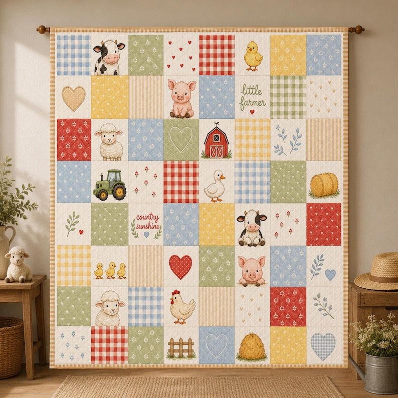 Farm Animal Quilt, Country Patchwork Blanket, Little Farmer Nursery Decor