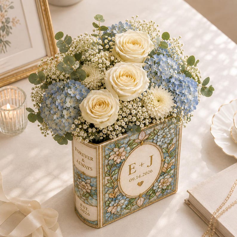 Personalized Ceramic Book Vase, Custom Wedding Flower Vase, Stained Glass Book Vase, Couple Initials Gift