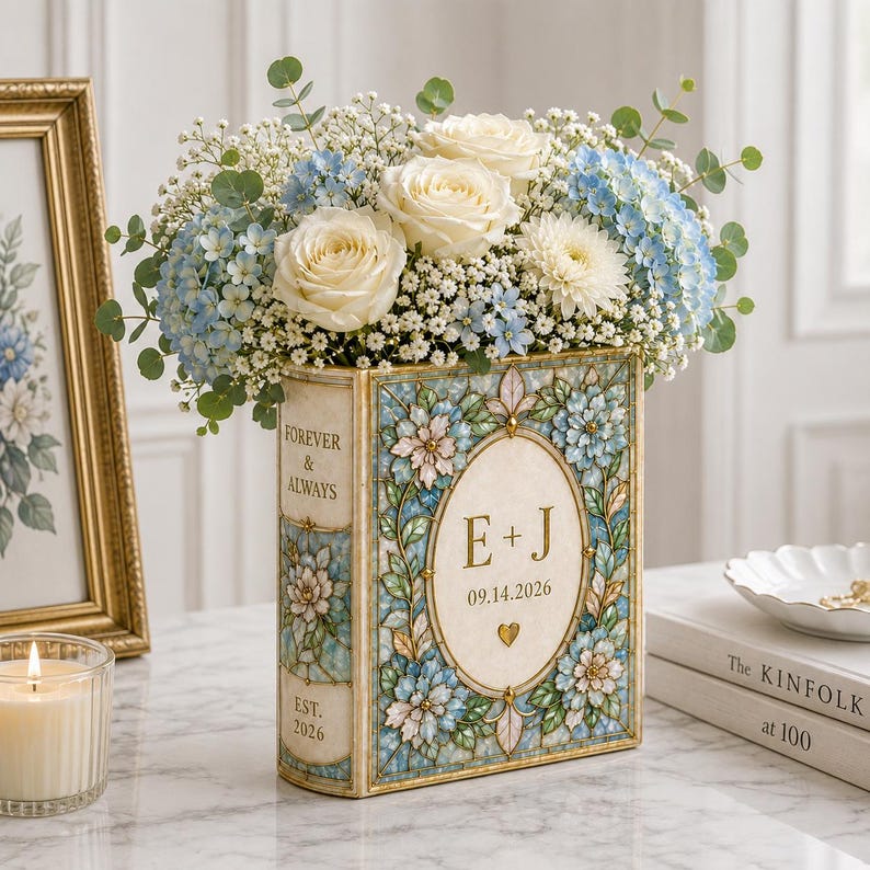 Personalized Ceramic Book Vase, Custom Wedding Flower Vase, Stained Glass Book Vase, Couple Initials Gift