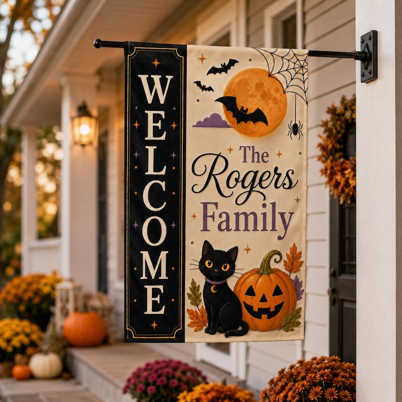 Personalized Halloween Garden Flag, Black Cat Pumpkin Family Name Yard Decor, Welcome Porch Flag