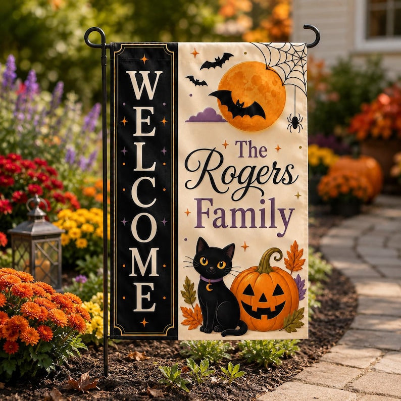 Personalized Halloween Garden Flag, Black Cat Pumpkin Family Name Yard Decor, Welcome Porch Flag