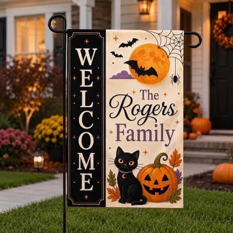 Personalized Halloween Garden Flag, Black Cat Pumpkin Family Name Yard Decor, Welcome Porch Flag