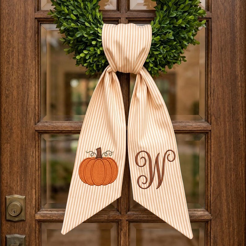 Personalized Pumpkin Wreath Sash, Fall Monogram Door Bow, Embroidered Autumn Wreath Ribbon