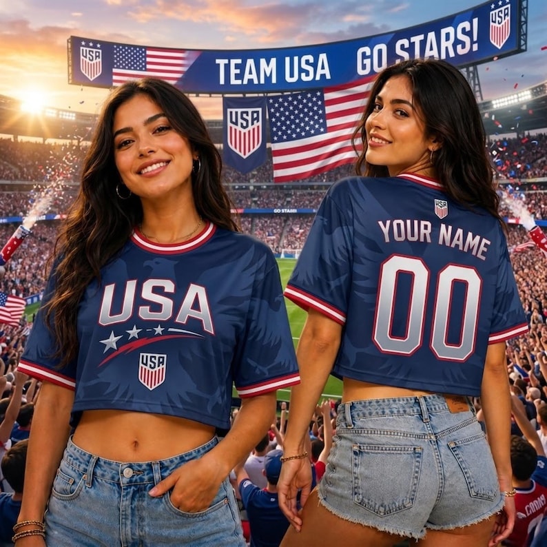 Custom USA Cropped Soccer Jersey, Personalized Name Number Football Shirt