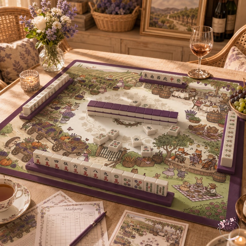 Animal Napa Valley Vineyard Mahjong Mat, American Mahjong Mat, Whimsical Wine Country Harvest Festival