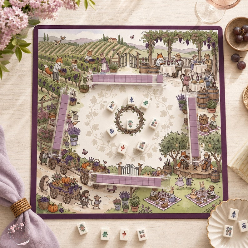 Animal Napa Valley Vineyard Mahjong Mat, American Mahjong Mat, Whimsical Wine Country Harvest Festival