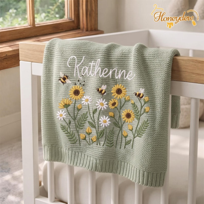 Embroidered Personalized Flowers with Bee Baby Blanket, Custom Baby Blanket, Floral Nursery Blanket