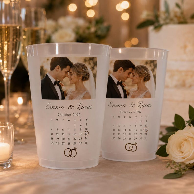 Custom Wedding Photo Cups, Personalized Frosted Cups with Date, Favors