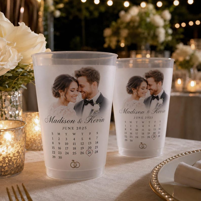 Custom Wedding Photo Cups, Personalized Frosted Cups with Date, Favors