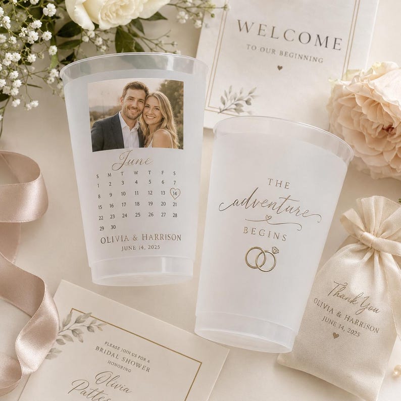 Custom Wedding Photo Cups, Personalized Frosted Cups with Date, Favors