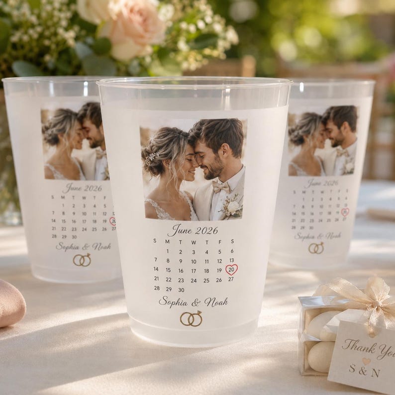 Custom Wedding Photo Cups, Personalized Frosted Cups with Date, Favors