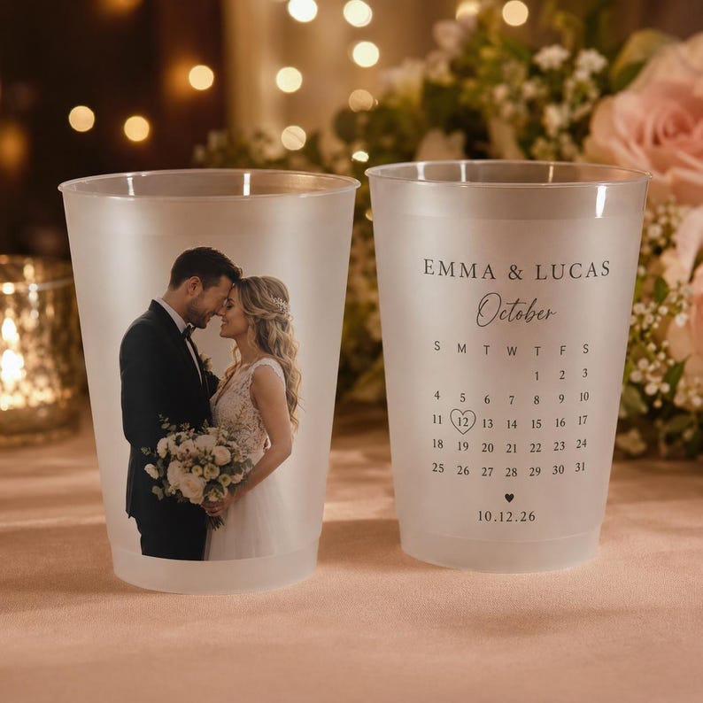 Custom Wedding Photo Cups, Personalized Frosted Cups with Date, Favors