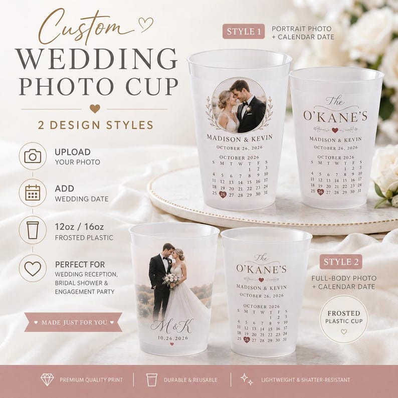 Custom Wedding Photo Cups, Personalized Frosted Cups with Date, Favors