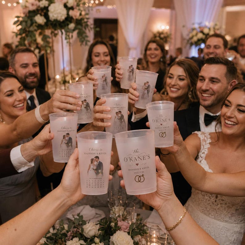 Custom Wedding Photo Cups, Personalized Frosted Cups with Date, Favors
