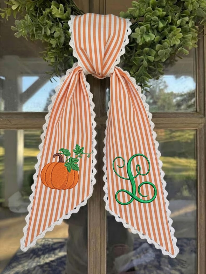 Embroidered Pumpkin Fall Wreath Sash, Custom Monogram Thanksgiving Decor, Cotton Fabric Spice or Terracotta