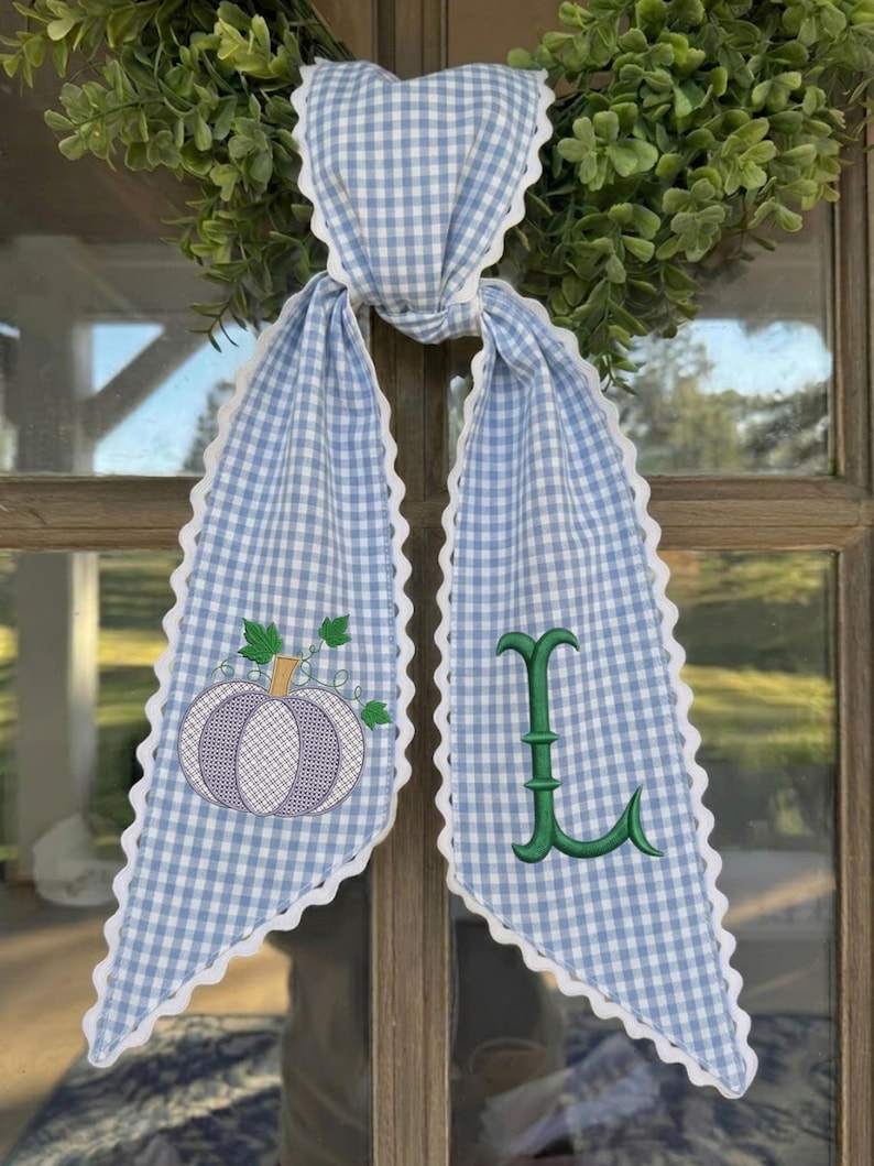 Embroidered Pumpkin Fall Wreath Sash, Custom Monogram Thanksgiving Decor, Cotton Fabric Spice or Terracotta