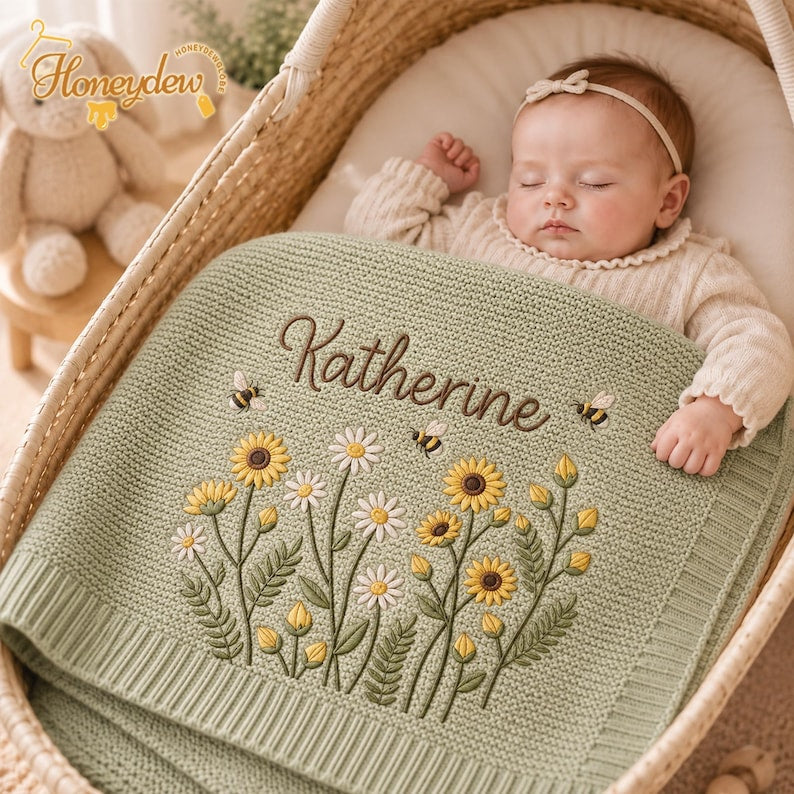 Embroidered Personalized Flowers with Bee Baby Blanket, Custom Baby Blanket, Floral Nursery Blanket
