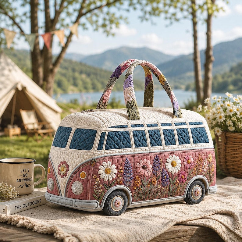 Camper Van Quilted Bag, Floral Travel Tote, Camping Van Purse Gift 2026, Lake Trip Carryall, Cute Camper Gift