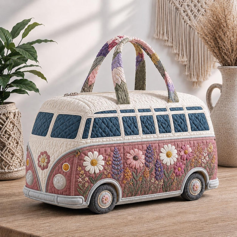 Camper Van Quilted Bag, Floral Travel Tote, Camping Van Purse Gift 2026, Lake Trip Carryall, Cute Camper Gift