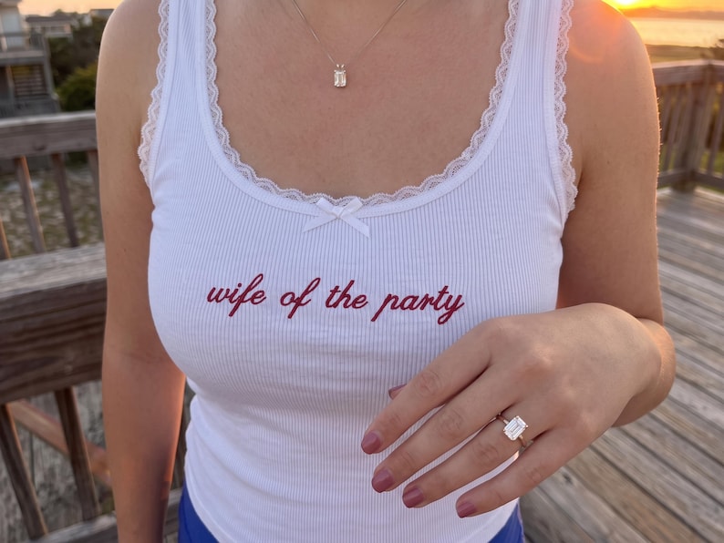 Custom Embroidered Tank Top, Personalized Wife of the Party Shirt, Lace Trim Ribbed Crop Top, Bride to Be Gift