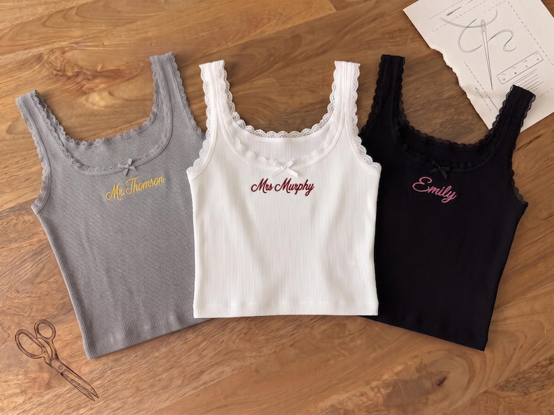 Custom Embroidered Tank Top, Personalized Wife of the Party Shirt, Lace Trim Ribbed Crop Top, Bride to Be Gift
