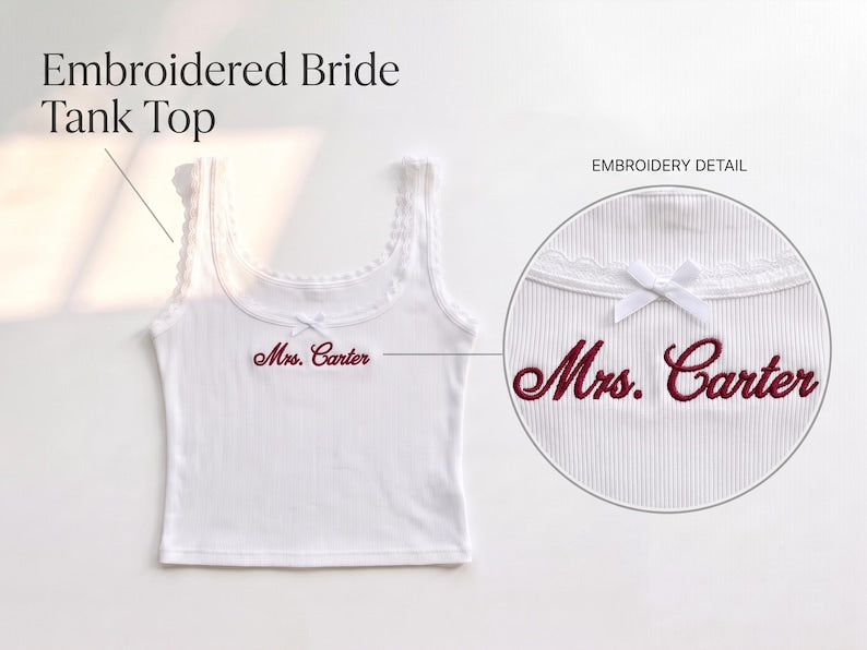 Custom Embroidered Tank Top, Personalized Wife of the Party Shirt, Lace Trim Ribbed Crop Top, Bride to Be Gift