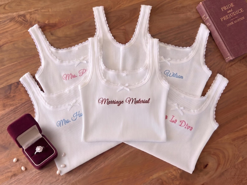 Custom Embroidered Tank Top, Personalized Wife of the Party Shirt, Lace Trim Ribbed Crop Top, Bride to Be Gift