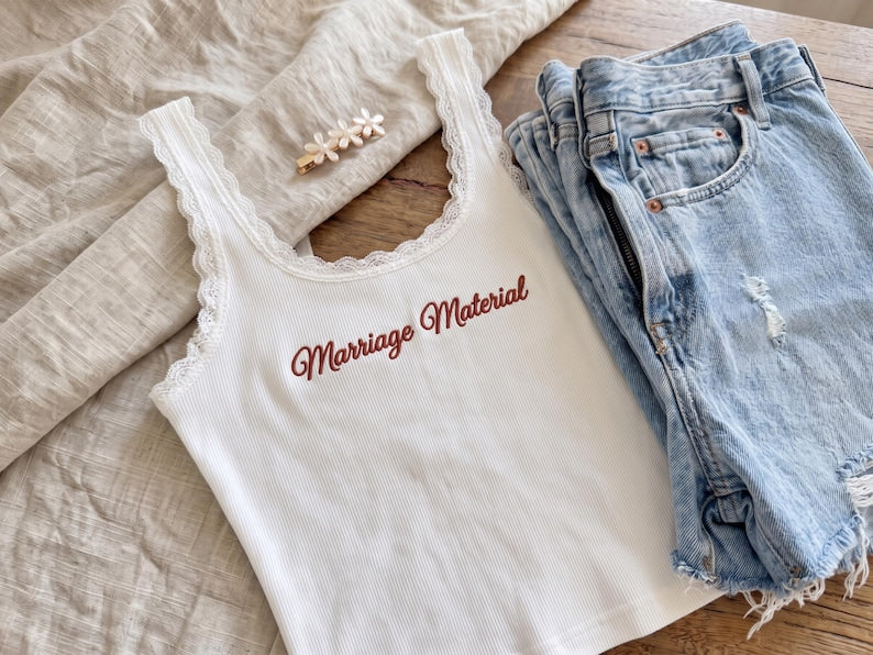 Custom Embroidered Tank Top, Personalized Wife of the Party Shirt, Lace Trim Ribbed Crop Top, Bride to Be Gift