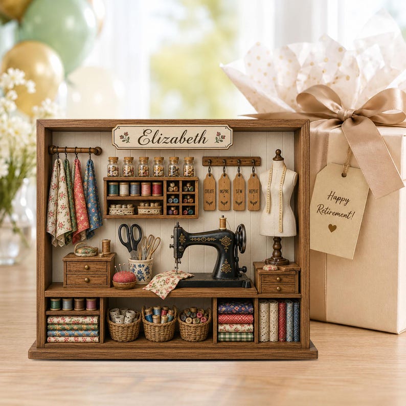 Personalized Sewing Room Shadow Box, Custom Quilting Wooden Block Decor, Sewing Machine Shelf Sitter, Seamstress Gift