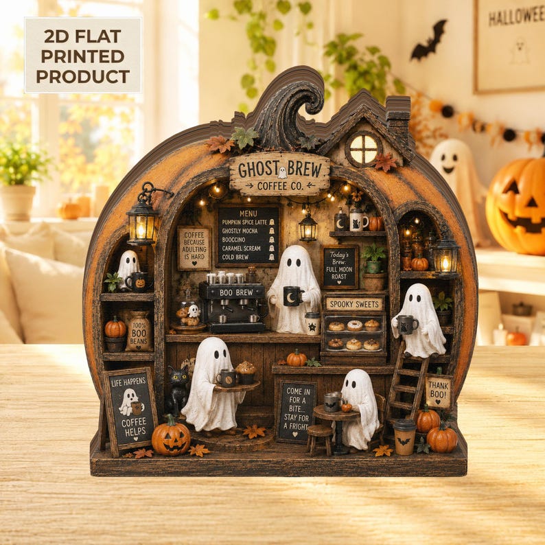 Halloween Ghost Coffee Shop 2D Flat Wooden Block, Pumpkin Cafe Shelf Decor, Spooky Fall Tabletop Sign