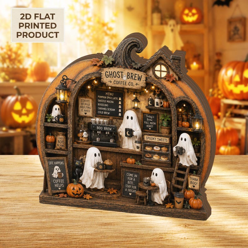 Halloween Ghost Coffee Shop 2D Flat Wooden Block, Pumpkin Cafe Shelf Decor, Spooky Fall Tabletop Sign