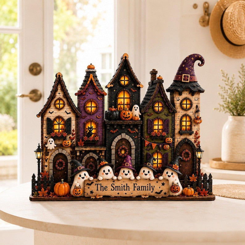 Personalized Village Halloween House Wood Sign, Custom Spooky Ghost Family Shelf Display