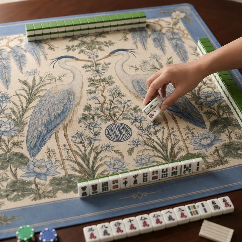 Heron Mahjong Mat, Blue Crane Chinoiserie Game Mat with Wisteria Lotus Design, Non-Slip Mah Jongg Table Cover