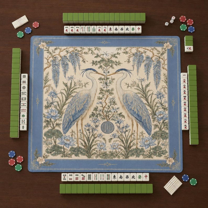 Heron Mahjong Mat, Blue Crane Chinoiserie Game Mat with Wisteria Lotus Design, Non-Slip Mah Jongg Table Cover