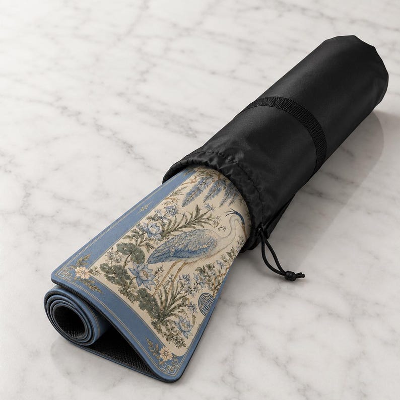 Heron Mahjong Mat, Blue Crane Chinoiserie Game Mat with Wisteria Lotus Design, Non-Slip Mah Jongg Table Cover